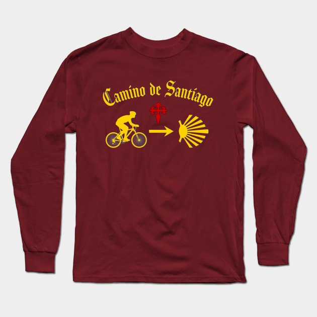 Camino de Santiago Typography Man Riding a  Bicycle Yellow Arrow Scallop Shell Red Cross Long Sleeve T-Shirt by Brasilia Catholic